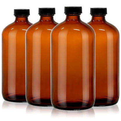 4 Pack 32 oz Amber Glass Boston Round Bottles with Phenolic Polycone Caps – Airtight, Leak-Proof Brown Bottles for Kombucha Brewing, Essential Oils, Storing Condiments, and Homemade Solutions - size: 32 Ounces