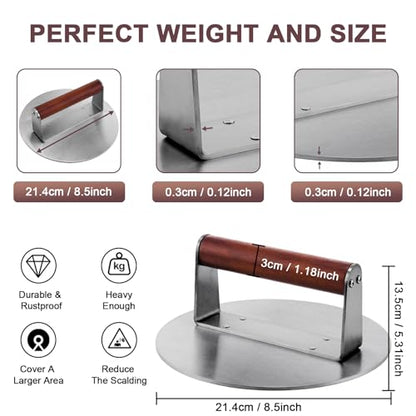Extra Large Stainless Steel Burger Press, 8.5" NonStick Hamburger Smasher Tool & Grill Press, 2.5 lbs Heavy Duty Bacon Press with Wood Handle for Blackstone Camp Chef Pitboss Weber Griddle Grills - size: 8.5inch