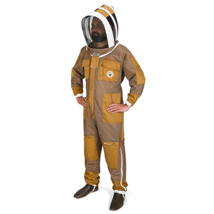 Beekeeping Suit Ventilated 3 Layer Ultra with Total Protection with Safety Fencing for Professional Beekeeping Supplies with Carrying Bag (BP-311-Brown)-S - color: Brown, size: S