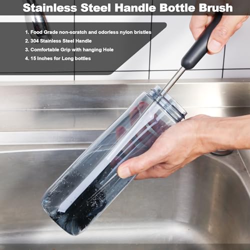 Water Bottle Brush, 15 Inches Long Stainless Steel Handle Bottle Brush Cleaner, Bottle Scrubber, Kitchen Scrub Cleaning Brushes for Cup, Wine Glasses, Coffee Mugs, Tumblers, Wine Decanters, Black - style: Bottle Brush