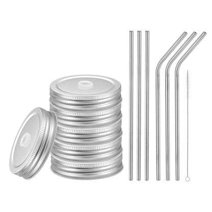 uxcell 13pcs Stainless Steel Mason Jar Lids with Straw Hole, 70mm Metal Canning Lid Mason Storage Covers Caps with Silicone Ring/Straws/Cleaning Brush Silver - color: Silver