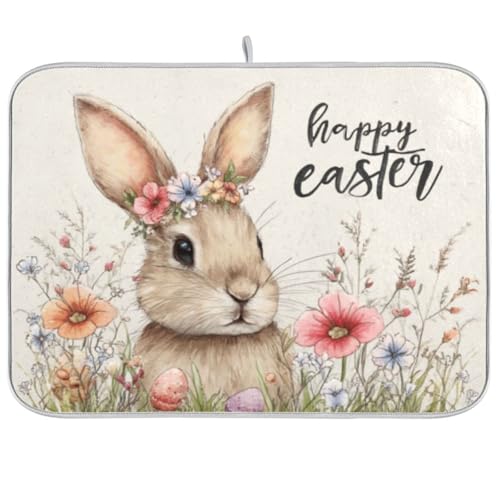 Kcldeci Bunny with Spring Flowers Dish Drying Mat Kitchen Counter Mat Draining Mat Kitchen Accessories Dish Rack Pad for Dishes, Utensils, Countertops, Sinks 18x24in - color: bunny with spring flowers, size: 18x24in