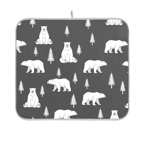 Polar Bears Trees Black Dish Drying Mat for Kitchen Counter Super Absorbent Draining Mat with Non-slip Backed Coffee Mat for Dish Bottles Cups Bowl Draining Racks Countertops Sinks