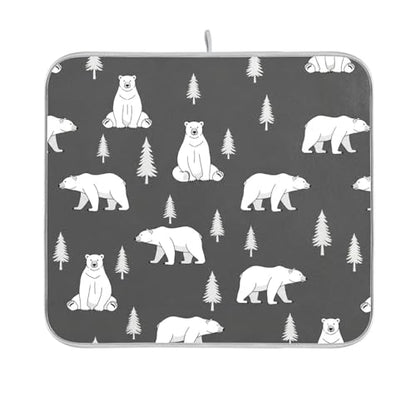 Polar Bears Trees Black Dish Drying Mat for Kitchen Counter Super Absorbent Draining Mat with Non-slip Backed Coffee Mat for Dish Bottles Cups Bowl Draining Racks Countertops Sinks
