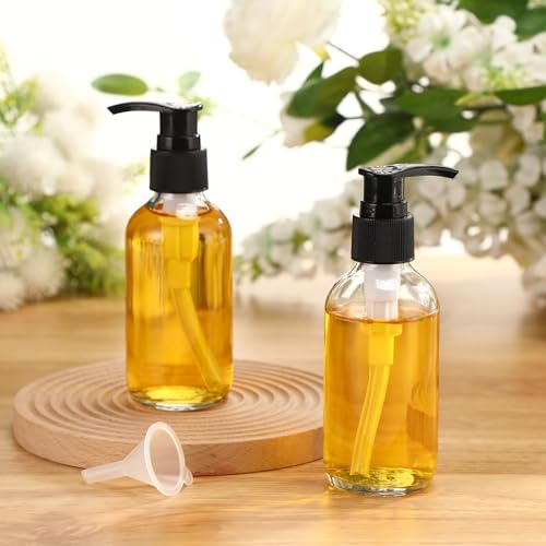 Fumete 2 Pack Glass Bottles 4oz Empty Refillable Liquid Containers with 1 Label 1 Funnel for Essential Oils Hair Travel Plants Cleaning Skin Care(Clear, Black Top,Pump Bottle) - color: Clear, Black Top, style: Pump Bottle