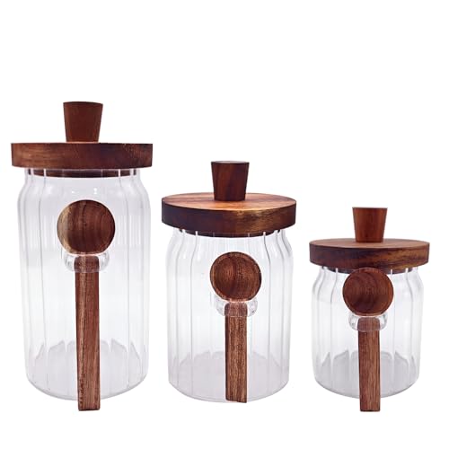 Coriario Glass Jar with Lid and Spoon 13&20&30 OZ Coffee Tea Sugar Canister Set of 3 Ribbed Glass Candy Jars Wooden Lids Wide Mouth Glass Coffee Storage Canister for Food Kitchen - color: Ribbed clear-set of 13/20/30oz