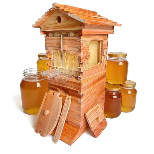 Bee Hive Starter Kit with 4 Frames,Wooden Beehive Box with Observation Window, Complete Honey Bee Hive Kit for Backyard Beekeeping Natural Wood Color