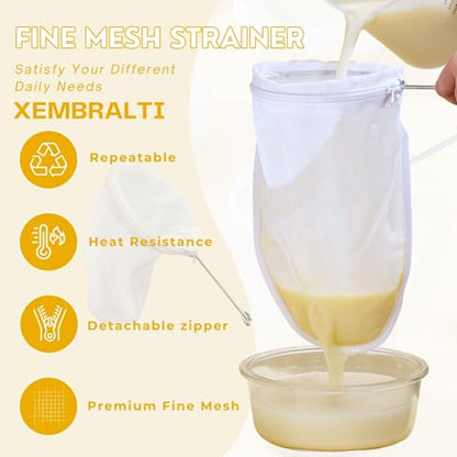 XEMBRALTI Nut Milk Bag with Handle, Fine Mesh Strainer Bag for Tea/Yogurt/Juice/Wine/Soup/Coffee & Cheese Making, Washable Reusable Almond Milk Strainer ((S+ M+ L) Strainer Bag*3 + Handle*3) - size: (S+ M+ L) Strainer Bag*3 + Handle*3
