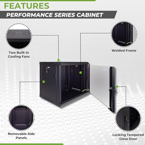 NavePoint 9U Server Cabinet Wall Mount Rack Enclosure Includes 2 Fans, Locking Glass Door, Removable Side Panels – 9U Network Cabinet 17.7” Deep, 19 Inch Server Rack for IT and A/V Equipment - size: 9U - 450mm Depth
