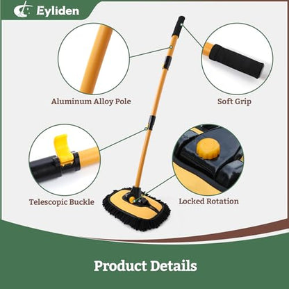 Eyliden Car Wash Brush Mop with Long Handle for Car Truck RV, Yellow | 90° Swivel Head with 45° Angle Lock, 2 Scratch-Free Microfiber Heads, Car Detailing Kit, 41.9" Adjustable Handle - color: Yellow & Black