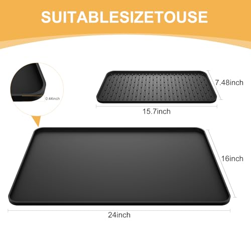 Silicone Coffee Mat, 24''x16'' Bar Mat with Detachable Dish Drying Mat - Fits Under Coffee Maker & Dish Rack - color: Black, size: 16" x 24"