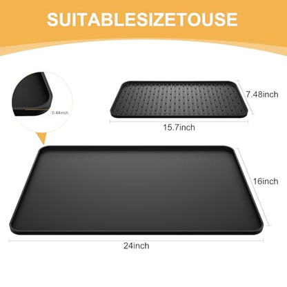 Silicone Coffee Mat, 24''x16'' Bar Mat with Detachable Dish Drying Mat - Fits Under Coffee Maker & Dish Rack - color: Black, size: 16" x 24"