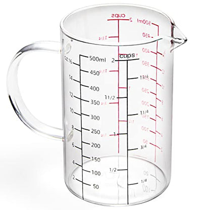 77L High Borosilicate Glass Measuring Cup with Handle, [Double-Sided Measuring Scale, V-Shaped Spout, Insulated handle], Glass Measuring Cup with Three Scales (OZ, Cup, ML) for Liquid (500 ML) - size: 2 Cup (500 ml)