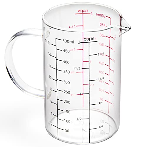 77L High Borosilicate Glass Measuring Cup with Handle, [Double-Sided Measuring Scale, V-Shaped Spout, Insulated handle], Glass Measuring Cup with Three Scales (OZ, Cup, ML) for Liquid (500 ML) - size: 2 Cup (500 ml)