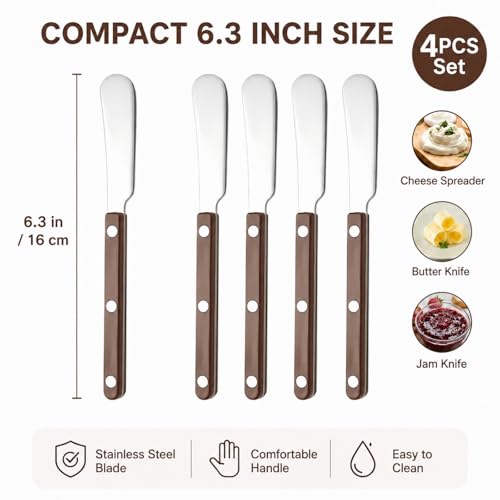 4PCS Stainless Steel Butter Knives Set: 6.3 Inch Cheese Spreader 304 Stainless Steel with Ergonomic Handle for Cheese, Butter & Jam (brown) - color: brown