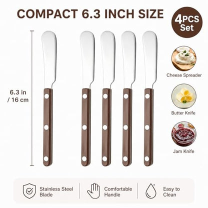 4PCS Stainless Steel Butter Knives Set: 6.3 Inch Cheese Spreader 304 Stainless Steel with Ergonomic Handle for Cheese, Butter & Jam (brown) - color: brown