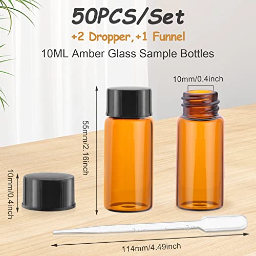 50 Pack,10ml (0.3 oz) Amber Glass Essential Oil Bottle with Screw Caps,Empty Refillable Travel Glass Liquid Sample Vial Labs Preservation Storage Vials Test Container-FREE Funnel&Dropper