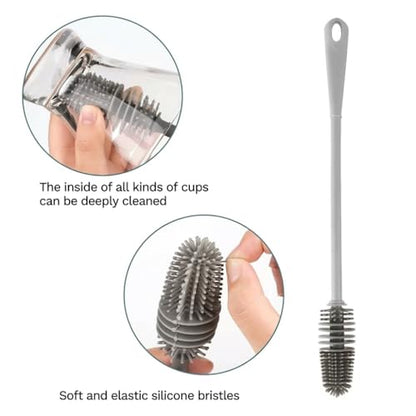 Silicone Bottle Brush & Silicone Straw Cleaner Set – 12.5” Long Handle, Flexible, Odor-Resistant, Dishwasher Safe – for Water Bottles, Baby Bottles, Tumblers & Straws (Grey)