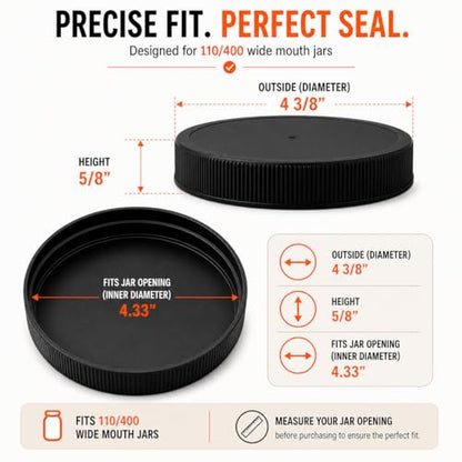 110mm (4.33") Fit - 3-Pack Black Plastic Lids for 1 Gallon Wide Mouth Jars – PE Foam Liner, Food-Grade, Leak-Resistant Caps (Jars Not Included) - color: Black