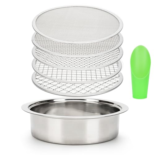 5-Piece Stainless Steel Soil Sifter Set with 1/3/6/9/12mm Mesh Screens - Heavy Duty Garden Sifter for Composting, Potting Mix & Seed Starting - Rust-Proof Soil Sieve & Sifting Pan