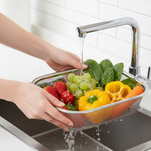 18/8 Stainless Steel Colander Strainer for Kitchen, Rectangular Colander for Pasta, Vegetables, Fruits, Rustproof & Dishwasher Safe (8.27 x 6.69 x 2.17 inch) - size: 8.27 x 6.69 x 2.17 inch