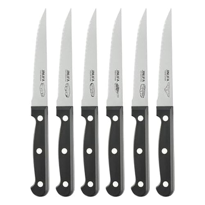 Steak Knives Set of 6, Stainless Steel Serrated Steak Knife Set (Unique Pattern on Each Blade)