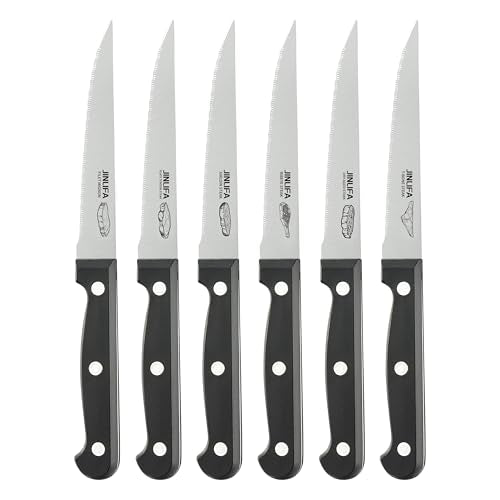 Steak Knives Set of 6, Stainless Steel Serrated Steak Knife Set (Unique Pattern on Each Blade)