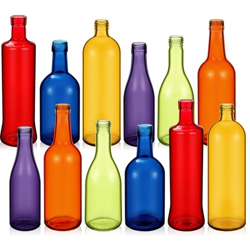 Zhehao 12 Pcs Colored Glass Bottles Colorful Empty Wine Bottles Decorative Glass Bottle for Bottle Tree Garden Yard Outdoor Home Decor(Dark Rainbow Color,Cylinder) - color: Dark Rainbow Color, style: Cylinder