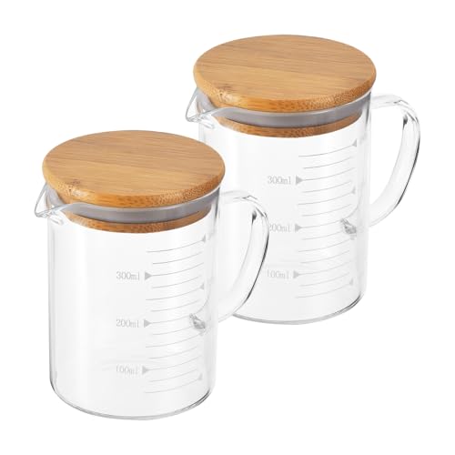 PATIKIL 350ml Glass Measuring Cup, 2 Pack 3.3 Borosilicate Glass Graduated White Printed Scale Liquid Measure Cups Beaker with Wood Lid and V-Shaped Spout for Kitchen - size: 350ml