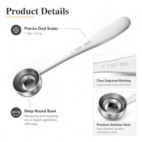 2PCS 1tsp Teaspoon Measuring Spoons (5ml 1/3tbsp),Stainless Steel Individual Measuring Spoons Long Handle Single Metal Tea Scoop for Kitchen Tea Coffee Spices