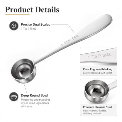 2PCS 1tsp Teaspoon Measuring Spoons (5ml 1/3tbsp),Stainless Steel Individual Measuring Spoons Long Handle Single Metal Tea Scoop for Kitchen Tea Coffee Spices