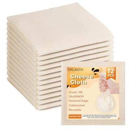[12 PCS] Reusable Cheese Cloths, 20x20 Inch, 100 Percent Unbleached pure Cotton Cheese Cloth for Straining, 100 Grade Cheesecloth Hemmed Edges for Cooking, Baking, Juicing