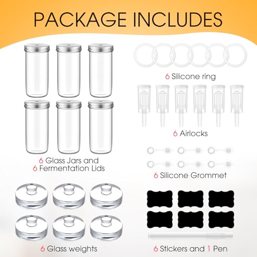 Honeydak 6 Pack Fermentation Kit, 24 oz Fermentation Jars with Fermenting Weights and Airlocks, Stainless Steel Lids, Pickle Jar for Sauerkraut, Vegetables and Other Fermented Foods - size: 24 oz