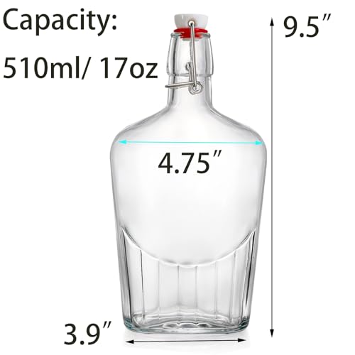 TOPZEA Set of 6 Swing Top Glass Flask, 17 oz Clear Glass Hip Whiskey Flasks with Airtight Stopper Cap, Flip Top Liquor Bottle for Beer, Vanilla Extract, Oil & Vinegar, 2nd Fermentation Brewing Bottle