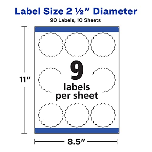 Avery Scallop 2.5 Inch Round Labels with Sure Feed for Laser & Inkjet Printers, 90 White Labels (8218) (Pack of 5) - color: Matte White, size: 2.5" (Pack of 5), style: 90 labels