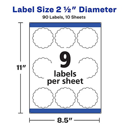 Avery Scallop 2.5 Inch Round Labels with Sure Feed for Laser & Inkjet Printers, 90 White Labels (8218) (Pack of 5) - color: Matte White, size: 2.5" (Pack of 5), style: 90 labels