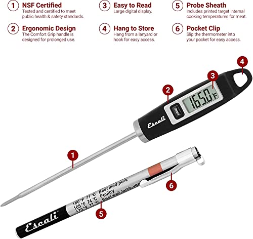 Escali DH1 Gourmet Digital Meat Thermometer with Extra Long Probe, NSF Certified, Black - color: Black