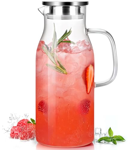 LUNA&MANTHA Glass Pitcher, 2 Liter 68oz Water Pitcher with Lid and Spout, Large Ice Tea Jug for Fridge, Thick Drink Jug with Handle for Juice, Coffee, Borosilicate Glass Carafe Hot/Cold Beverage - color: 68oz