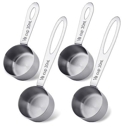 4Pcs 1/8 Cup Measuring Cup, 30ml Scoop, Stainless Steel Measuring Cups, Coffee Scoops, Measuring Scoops Tablespoon Measure Spoon, Short Handle & Long Handle Cooking Measuring Scoop(30ML) - color: 4 Pcs/Set