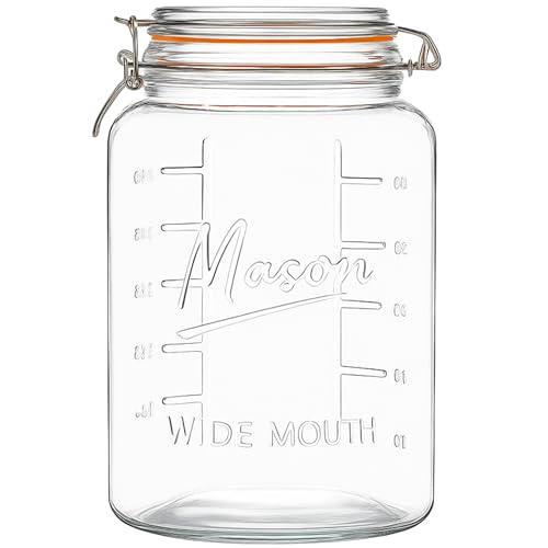 kitchentoolz 1 Gallon Glass Jar with Hinged Clamp-Top Lid – Premium Locking Mason Jar – Airtight Rubber Gasket, Wide Mouth – For Canning, Pickling, Fermenting – Measurement Markings – 1 Pack