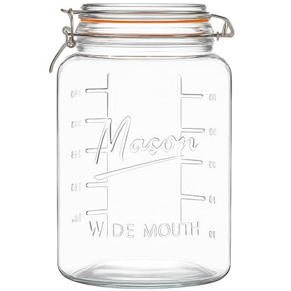 kitchentoolz 1 Gallon Glass Jar with Hinged Clamp-Top Lid – Premium Locking Mason Jar – Airtight Rubber Gasket, Wide Mouth – For Canning, Pickling, Fermenting – Measurement Markings – 1 Pack