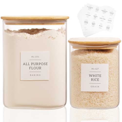 2 Pack large Square Glass Flour and Sugar Containers with 132 Kitchen Pantry Labels - 110 floz & 51 floz - Glass Jars with Airtight Bamboo Lid - Glass Rice Canisters for Coffee, Pasta, Cookie, Cereal - size: 110oz/51oz