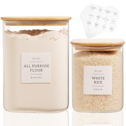 2 Pack large Square Glass Flour and Sugar Containers with 132 Kitchen Pantry Labels - 110 floz & 51 floz - Glass Jars with Airtight Bamboo Lid - Glass Rice Canisters for Coffee, Pasta, Cookie, Cereal - size: 110oz/51oz