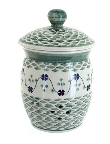 Blue Rose Polish Pottery - Green Sage Floral Garlic Keeper - 7.25" Tall - Ceramic Storage Jar with Vent Holes