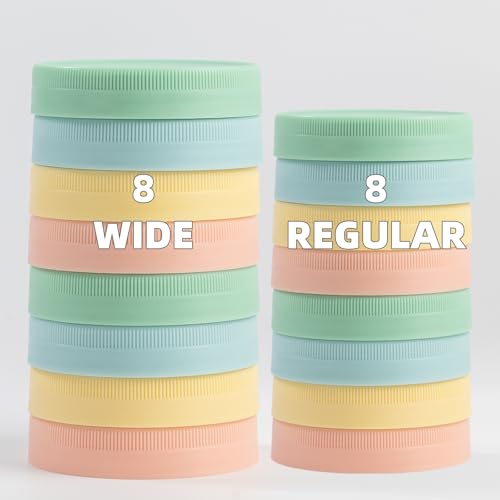 Yodecy 16 Pack Plastic Mason Jar Lids,8 Wide Mouth & 8 Regular Mouth Mason Jar Lids, Fit Ball, Kerr and More, 4 Different Color One-piece Lid without Silicone Ring(Multicolor) - color: Multicolor