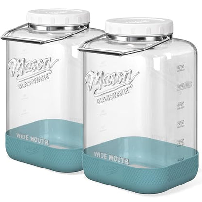2 Pack 2 Gallon Glass Jar with Airtight Lid, 256 Oz Large Wide Mouth Mason Jar with Non-slip Base & Stainless Steel Handle - Glass Food Storage Containers for Flour, Cereals, Rice and Picking