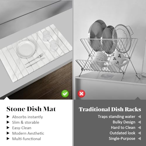 2 PCS Extra Large Stone Dish Drying Mats for Kitchen Counter, 28"(L)×16"(W) Dish Drying Mat with 8"x 4" Coasters, Eco-Friendly Diatomite Dish Drying Mat - Fits All Countertops - White Marble - color: White Marble, size: 28" x 16"
