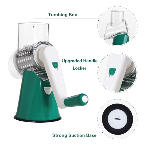 Cambom Rotary Cheese Grater Hand Crank Cheese Shredder for Fresh Cheese, Vegetable, Nuts,Non-slip Suction Base, Three Blades, Dark Green - color: Dark Green, size: 3 BLADES