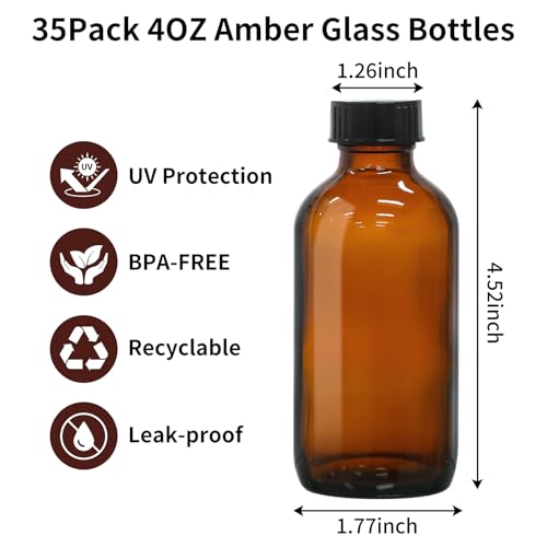 35 Pack 4oz Amber Glass Boston Round Bottles with Polycone Leak-Proof Phenolic Caps – Brown Airtight Refillable Containers for Homemade Vanilla Extract, Essential Oils, Herbal Medicine, and Syrups - size: 4oz