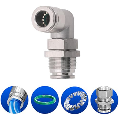 2Pcs 304 Stainless Steel Bulkhead Elbow 3/8" x 3/8" Tube OD Push to Connect Tube Fitting, PLM-3/8 Bulkhead 90 Degree Elbow Pneumatic Quick Connect Air Fitting - size: 3/8" x 3/8"